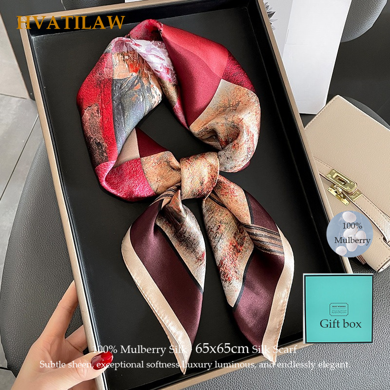 Ascot Neck Scarf - وشاح حريري مربع 100% طبيعي للنساء،
